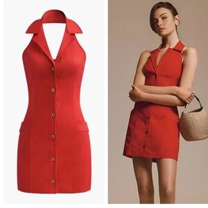 Commense Red Halter Dress Backless Button Front Small Retro Glam Coquette